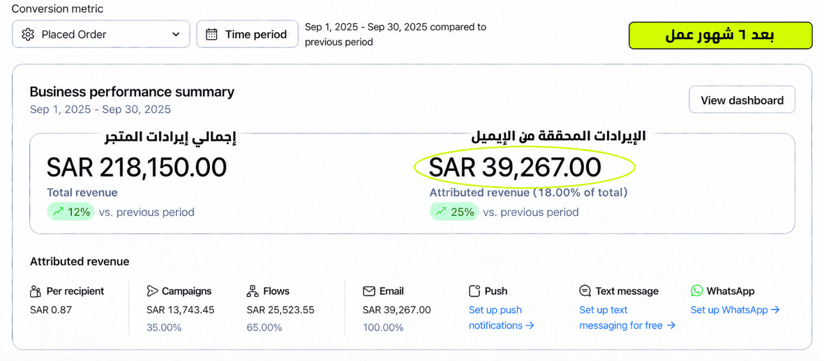لقطة من Klaviyo لنتائج دراسة الحالة الأولى في الشهر السادس