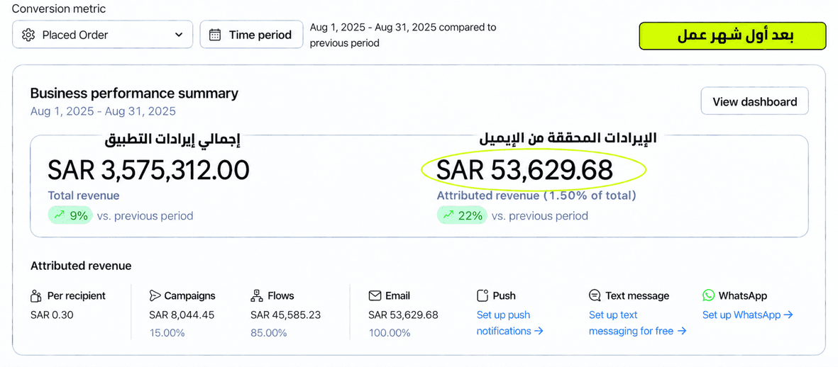 لقطة من Klaviyo لنتائج دراسة الحالة الثانية في أول شهر